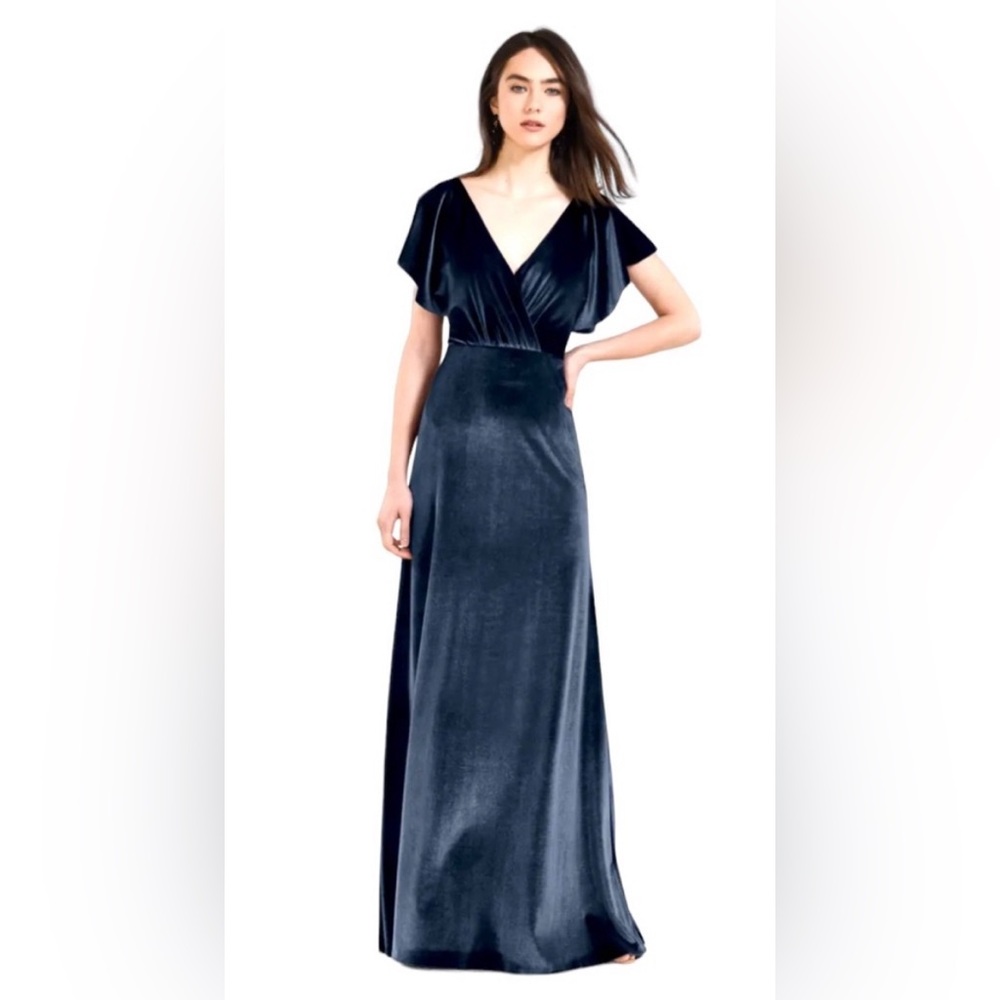 Jenny Yoo Ellis Blue Flutter Sleeve Open Back Stretch Velvet Gown Dress size 0